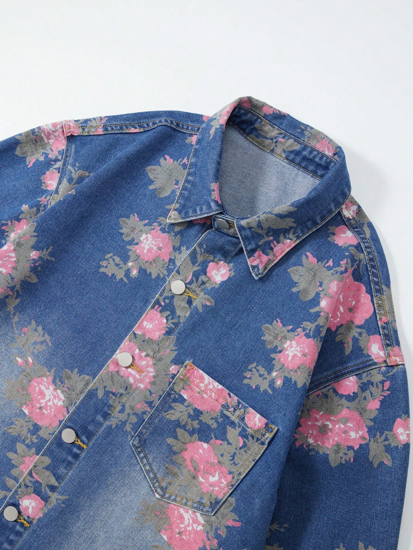 ROMWE MEN Men'S Floral Print Short Sleeve Single-Breasted Pocket Loose Casual Denim Jacket, Vacation