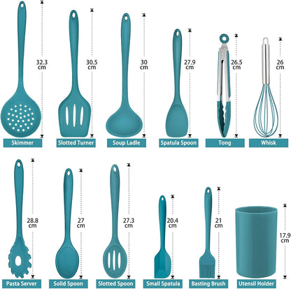 Silicone Kitchen Utensil Set,  12 Piece Cooking Utensils with Holder, Heat Resistant Kitchen Tools Spatulas Set for Cooking Baking Mixing, Safe for Non Stick Cookware (Dark Blue)