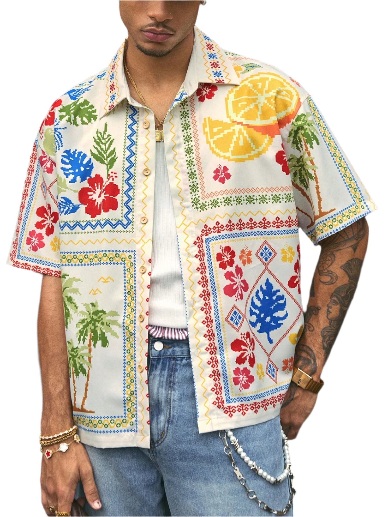 AXEPEAK Fashionable Street Style Floral Print Short Men'S Shirt, Streetwear Style