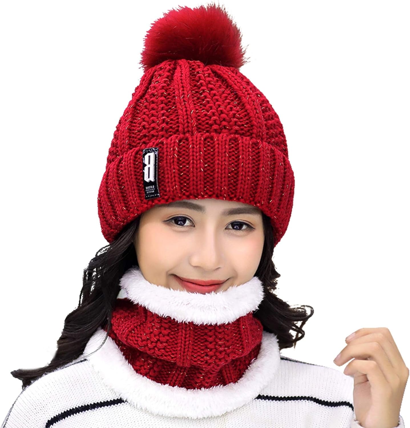 Womens Knit Scarf Beanie Hat 2PCS Set Fleece Lined Pom Skull Cap Scarves Soft Warm Winter Gift Set