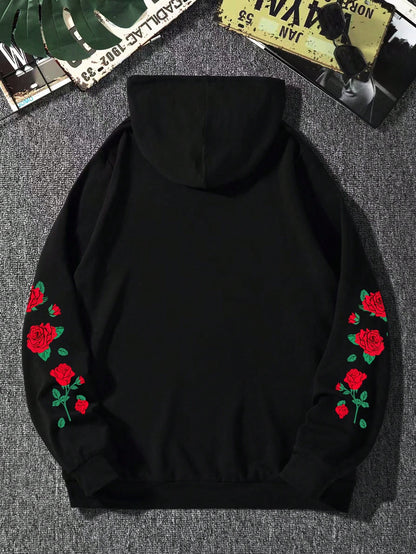 Manfinity Homme Men'S Floral Print Drawstring Hoodie Going Out Street Wear Black Graphic Long Sleeve Hoodie, for Friends, Husband, Boyfriend Gifts