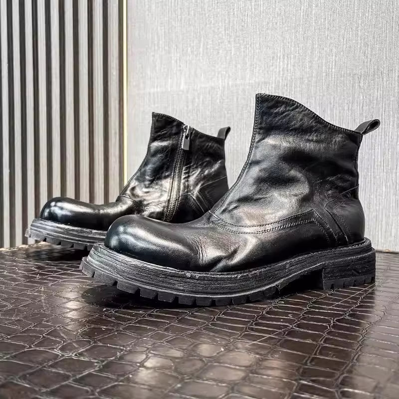 Handmade Horsehide Genuine Leather Mens Boots Zipper Retro Design Chelsea Short Boots Male Casual High Top Motorcycle Shoes
