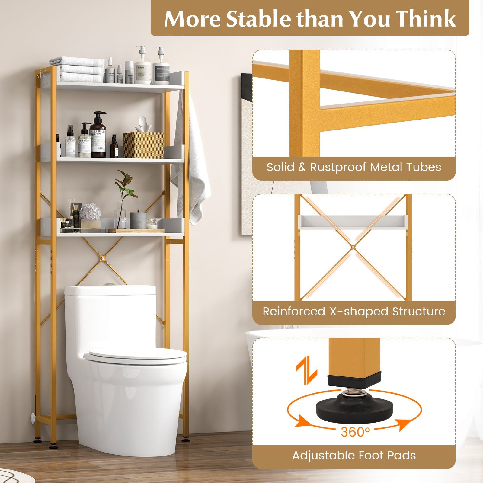 Three-Tier Over-the-Toilet Storage Rack with Four Hooks and Adjustable Base Bar