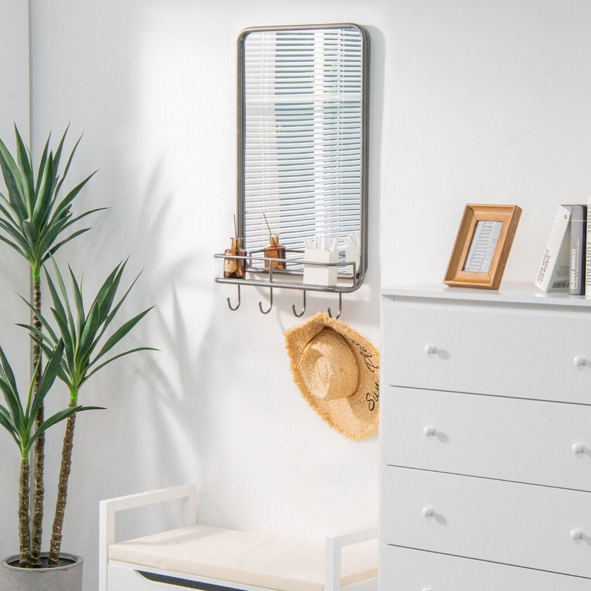 Rectangular Wall-Mounted Bathroom Mirror with Integrated Storage Shelf and Hooks System