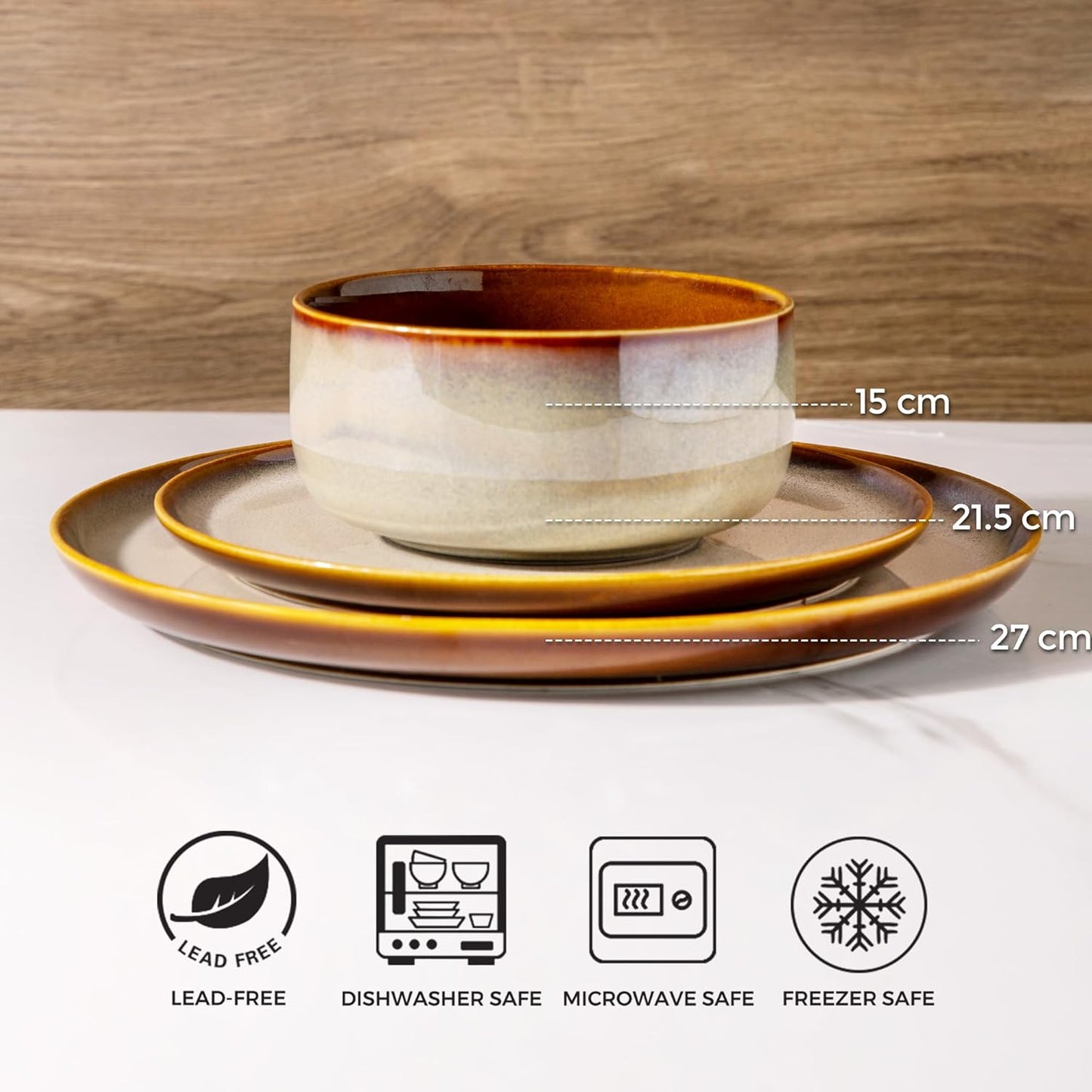 Dinner Set for 6, 18 Piece Stoneware Plates and Bowls Set, Chip & Scratch Resistant Reactive Glazed Dinnerware Set, Dishwasher & Microwave Safe Crockery Set (Cappuccino, Service for 6)