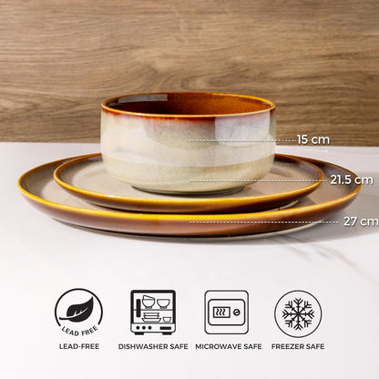 Dinner Set for 6, 18 Piece Stoneware Plates and Bowls Set, Chip & Scratch Resistant Reactive Glazed Dinnerware Set, Dishwasher & Microwave Safe Crockery Set (Cappuccino, Service for 6)