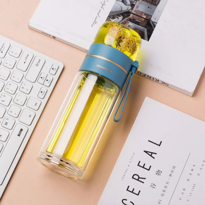 Glass Water Bottle with Tea Infuser Filter Tea Separation Double Wall Glass Bottle Leakproof Water Bottle