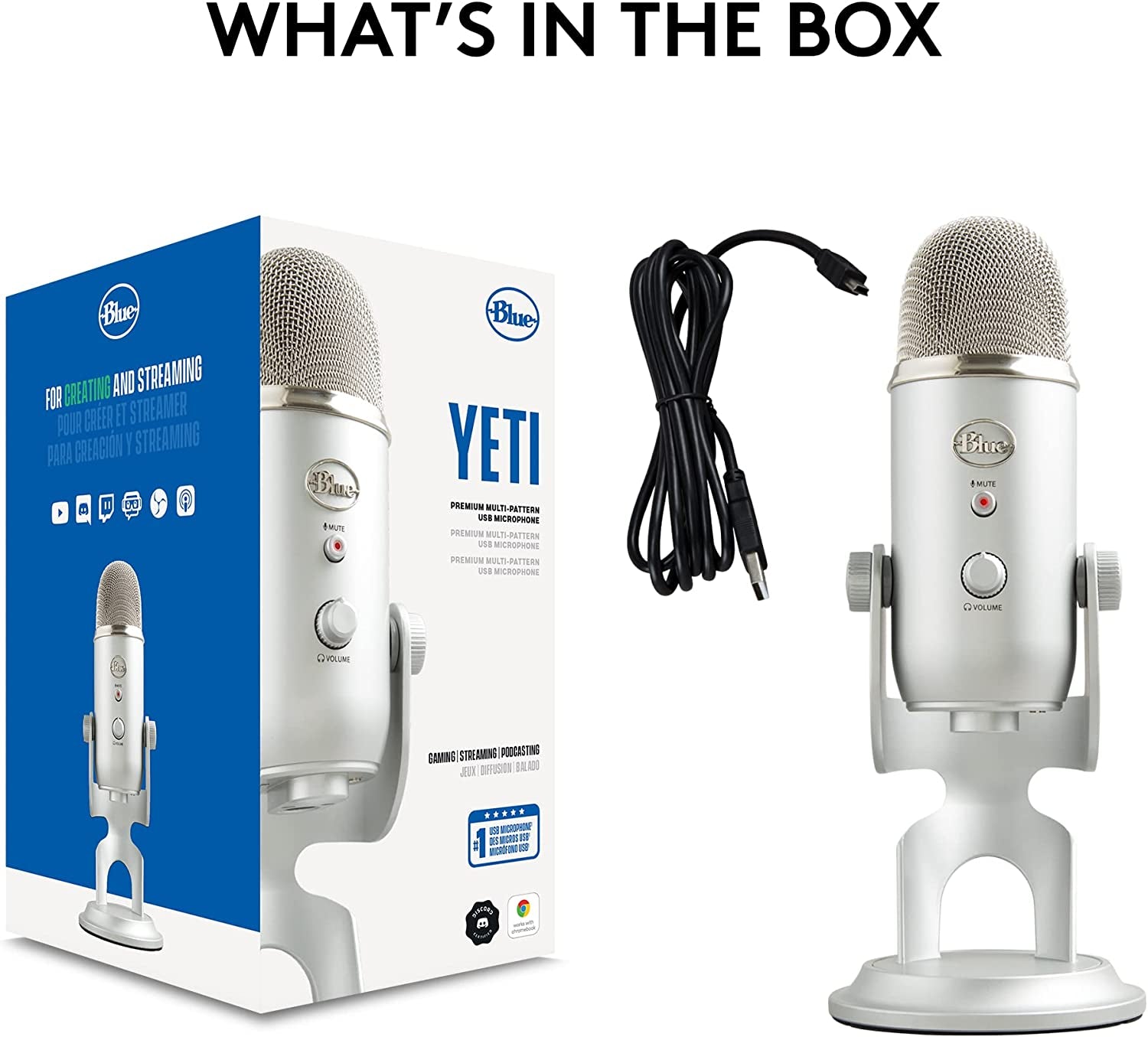 Blue Yeti USB Microphone for Recording, Streaming, Gaming, Podcasting on PC and Mac, Condenser Mic for Laptop or Computer with Blue VO!CE Effects, Adjustable Stand - Silver