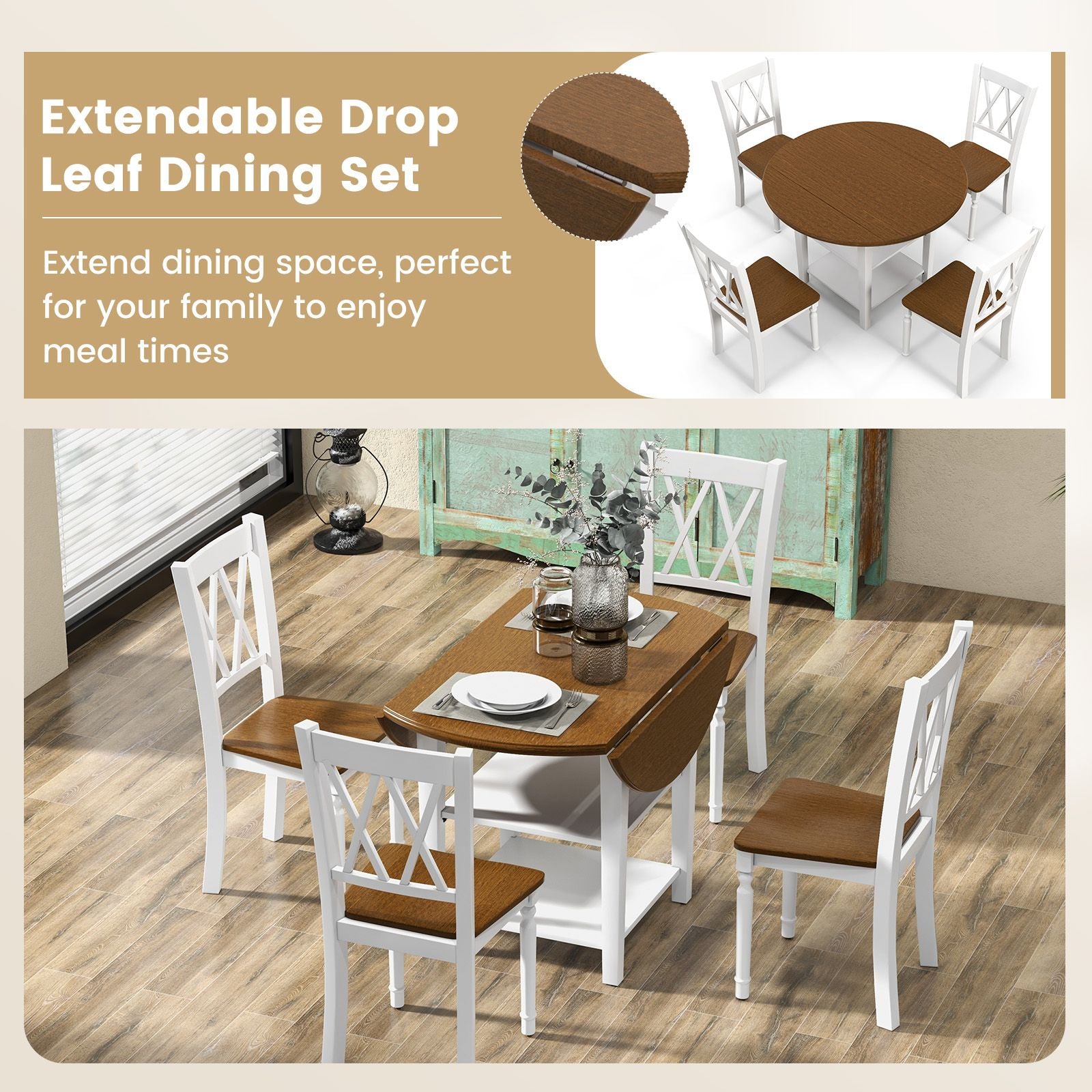 Elegant Extendable Dining Table Set with 2-Tier Storage Shelf - Complete 5-Piece Collection for Modern Dining Spaces