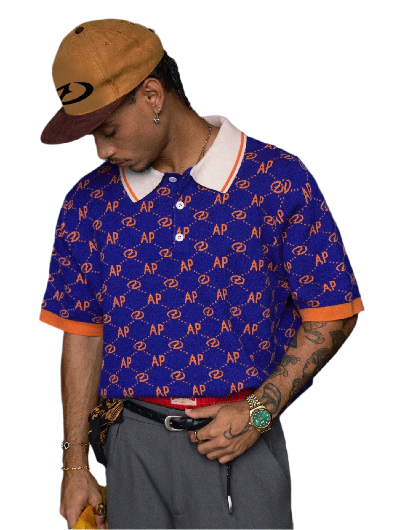 AXEPEAK Men'S Full Print Contrast Color Casual Short Sleeve Knitted Top