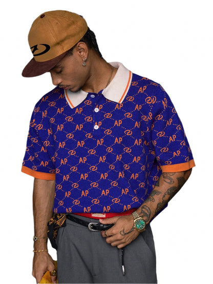 AXEPEAK Men'S Full Print Contrast Color Casual Short Sleeve Knitted Top