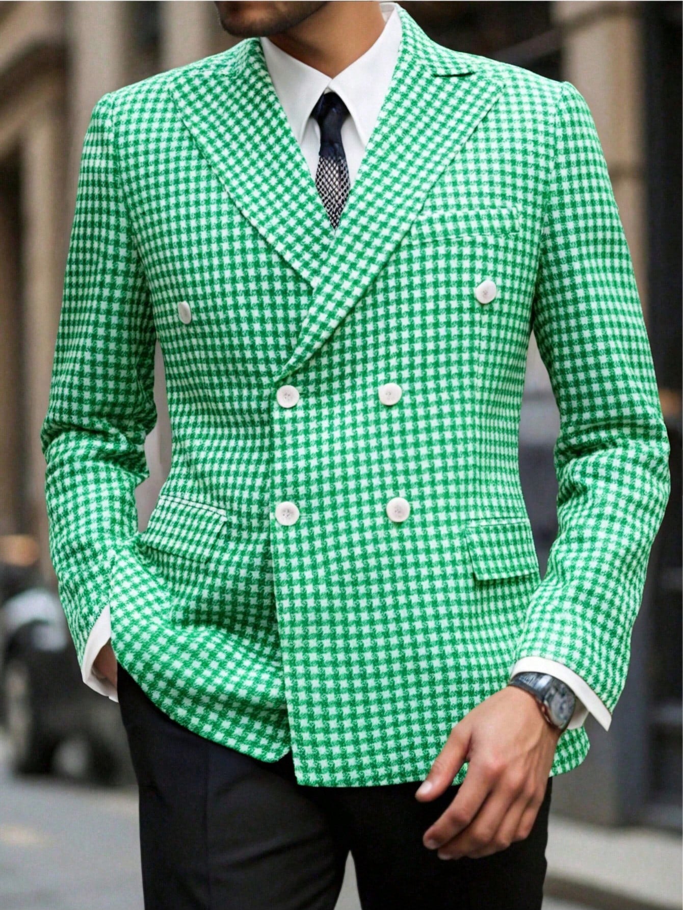 I Finelong Fashionable Casual Houndstooth Patterned Suit Jacket for Men, Suitable for Commuting and Going Out