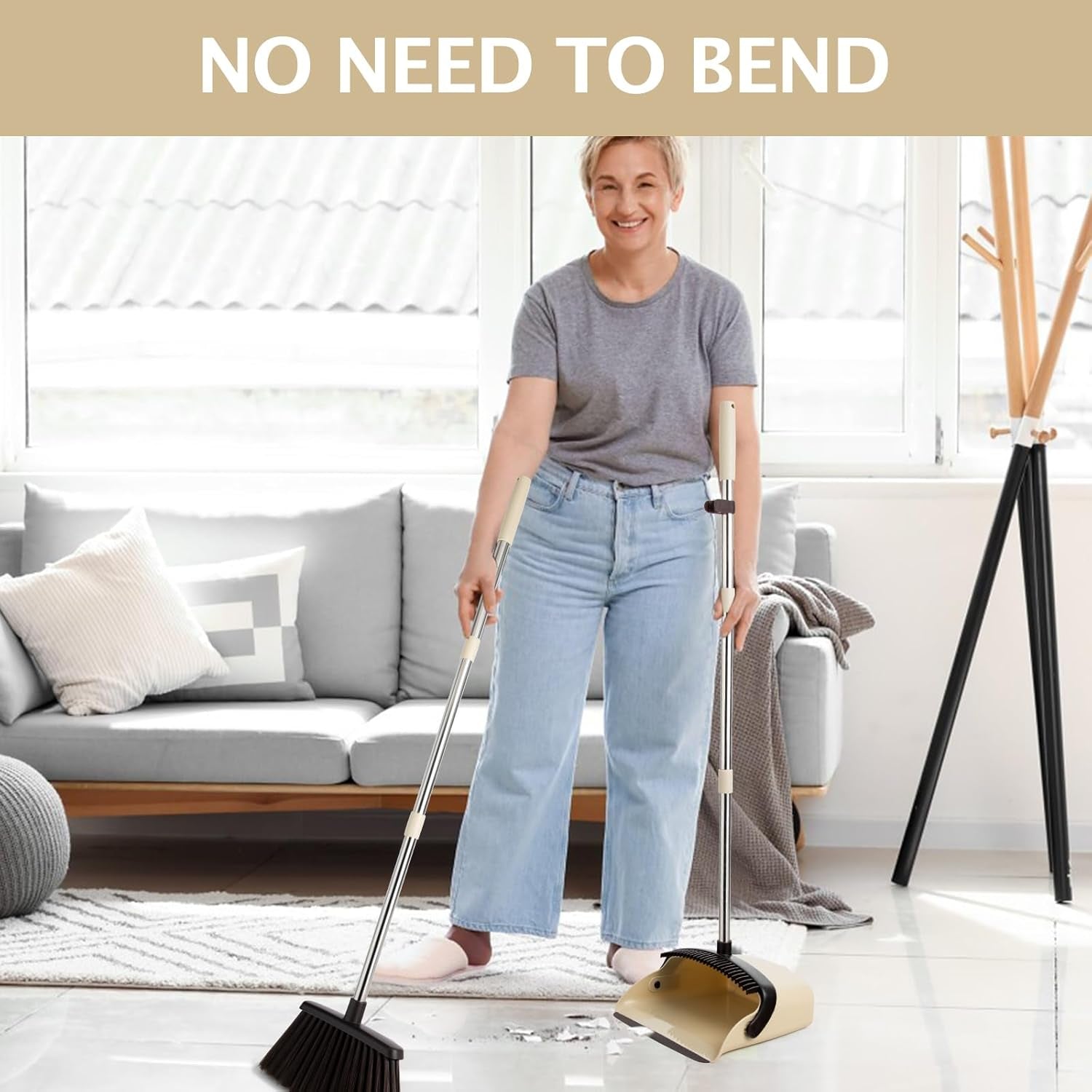 Long Handle Dustpan and Brush Sets, Broom and Dustpan Set with Comb Teeth, Sweeping Brush Set for Indoor Kitchen Lobby Office Sweeping Pet Dog Hair, Household Cleaning Supplies (Brown Beige)