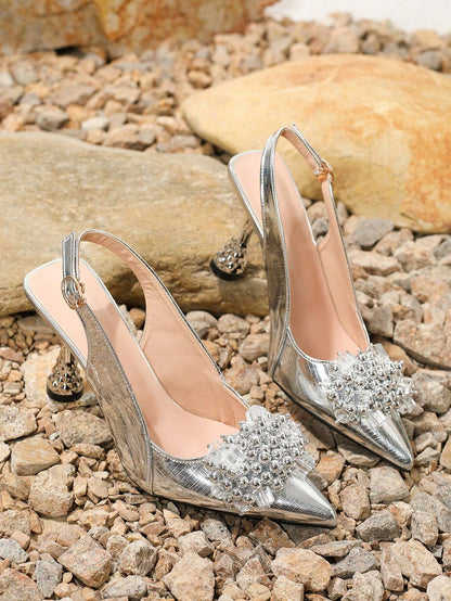 Pink Elastic Strap Back Rhinestone Women'S Sandals, Pointed Toe Backless Square High Heel Shoes, Unique Design