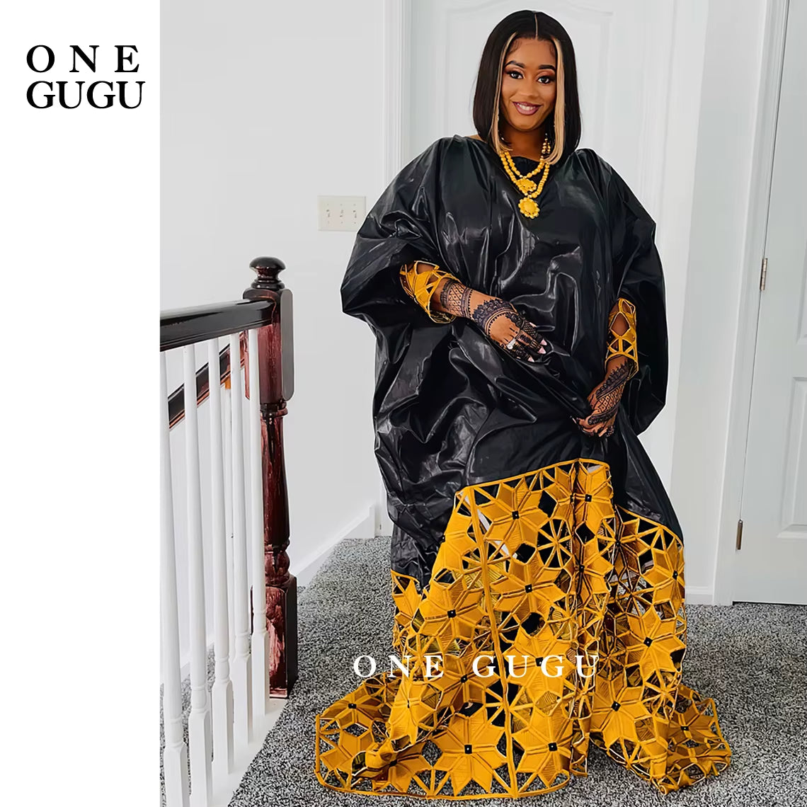 Winter African Bazin Rich Dress with Gold Brode Noble Lady Wedding Party Gown plus Size Nigerian Dashiki Robe Long Sleeves Dress