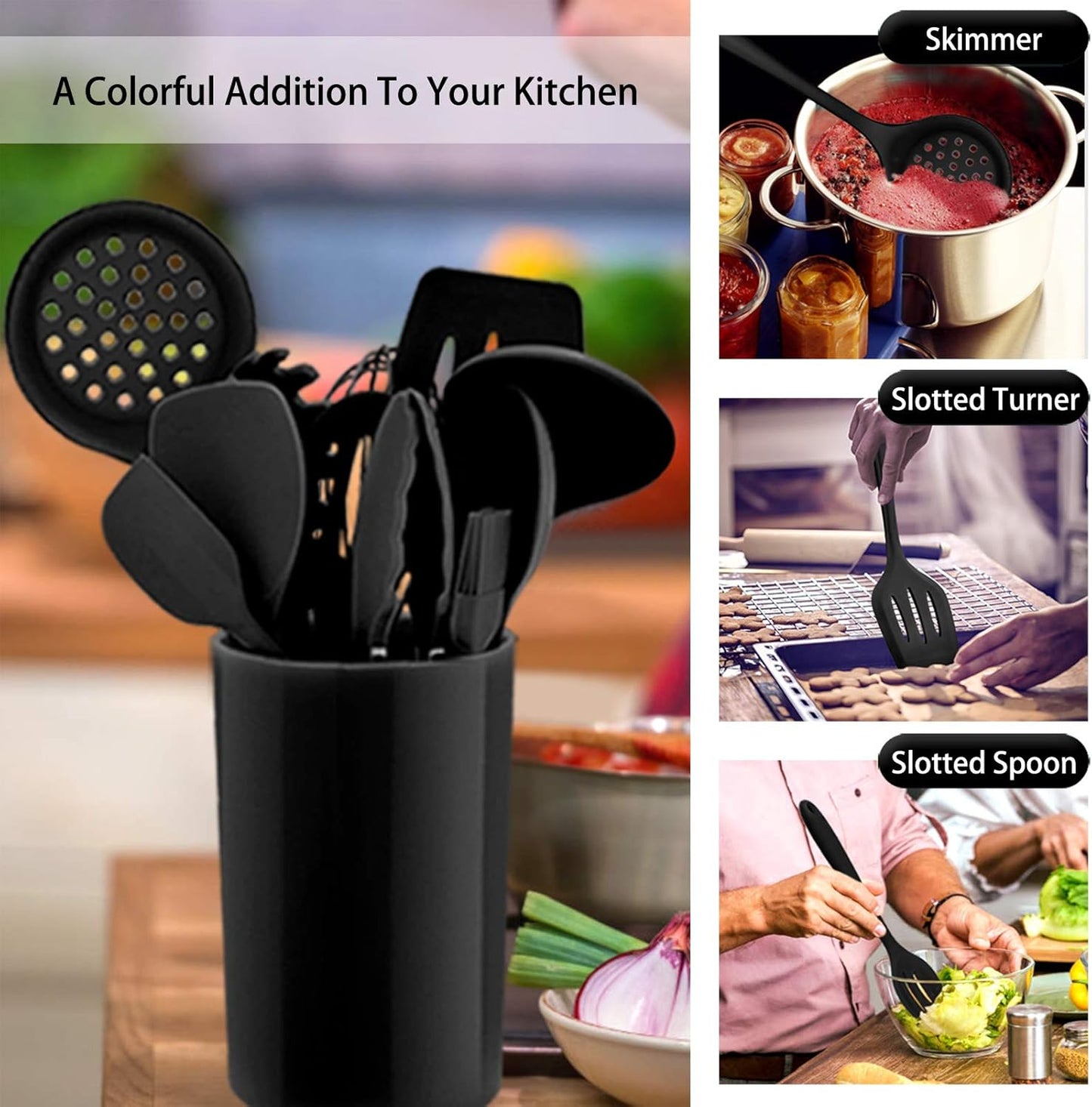 Kitchen Utensil Set,  12 Piece Cooking Utensils, Silicone Kitchen Utensils Set with Holder, Heat Resistant Kitchen Tools Include Spoons Turner Spatula Ladle Tong for Non-Stick Cookware, Black