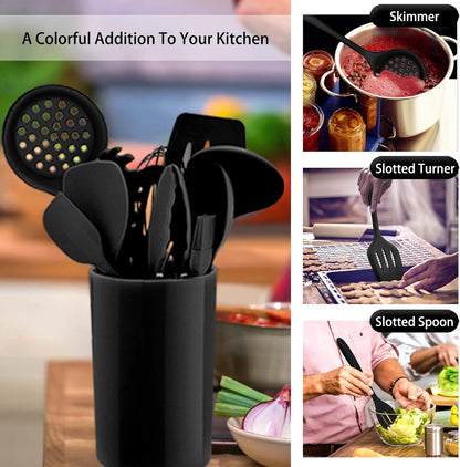 Kitchen Utensil Set,  12 Piece Cooking Utensils, Silicone Kitchen Utensils Set with Holder, Heat Resistant Kitchen Tools Include Spoons Turner Spatula Ladle Tong for Non-Stick Cookware, Black