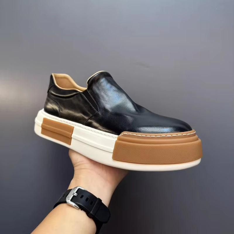 Vintage Men High Quality Horsehide Genuine Leather Slip on Loafers Thick Platform Low Cut Casual Shoes Autumn outside Sneakers