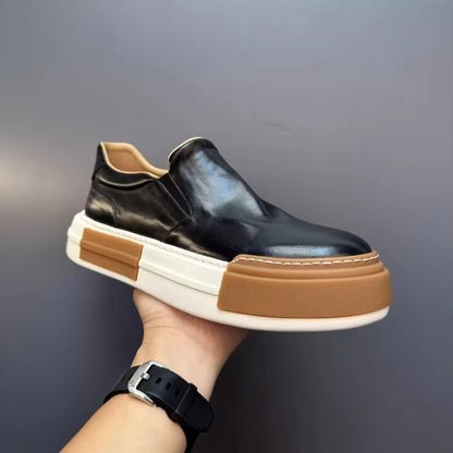 Vintage Men High Quality Horsehide Genuine Leather Slip on Loafers Thick Platform Low Cut Casual Shoes Autumn outside Sneakers