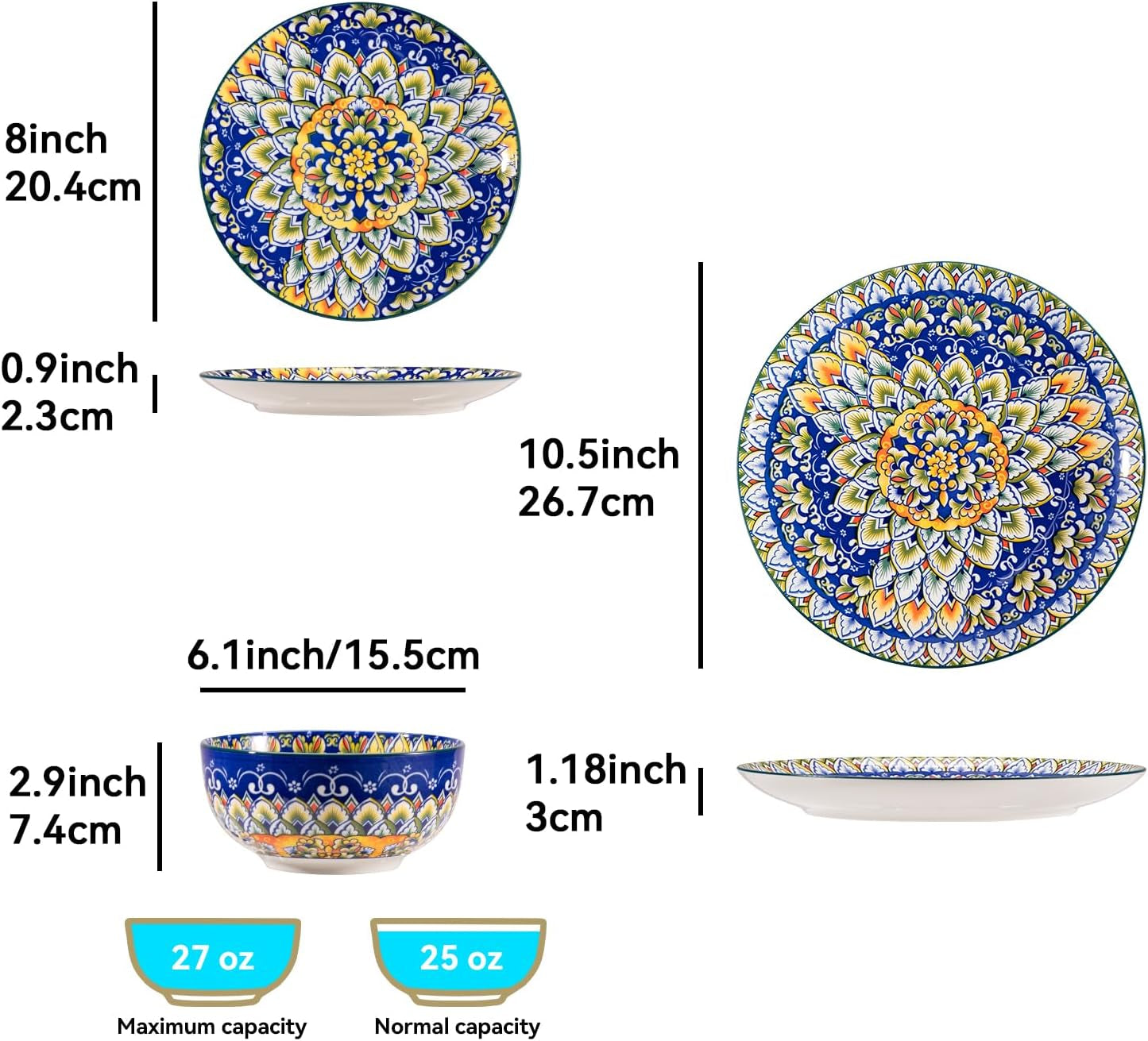 Ceramic Dinnerware Sets for 4,12 Pieces Boho Plates and Bowls for Kitchen,Housewaring Gift,Bohemian Style Dish Set,Dishwasher and Microwave Safe(Colorful)