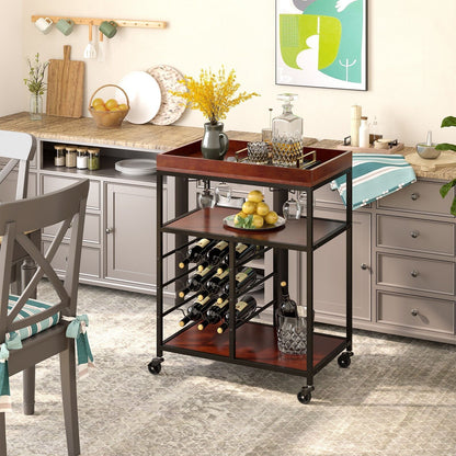 3-Tier Kitchen Island Storage Cart with Wine Rack and Glass Holder