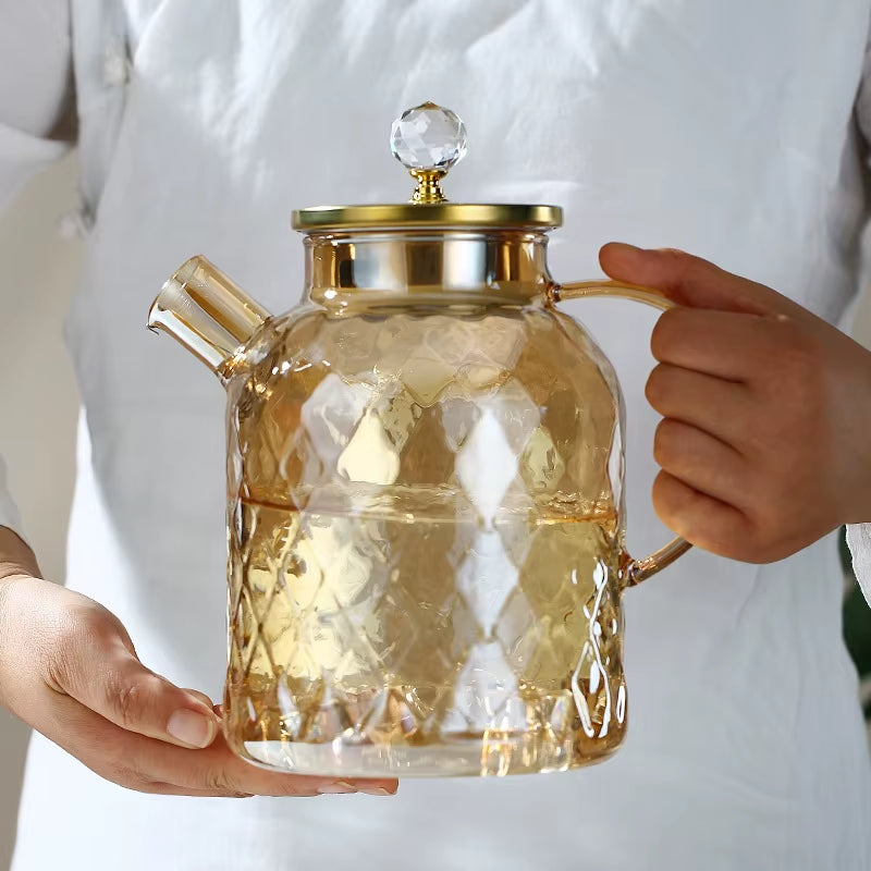 Glass Tea Kettle with Bamboo Lid and Removable Filter Spout Champagne Teapot for Loose Leaf Blooming Tea and Fruit Tea 1/1.8L