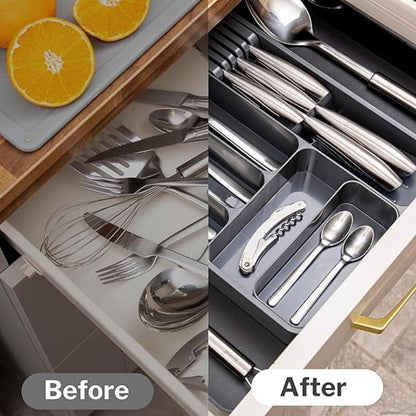 Expandable cutlery organiser in drawer