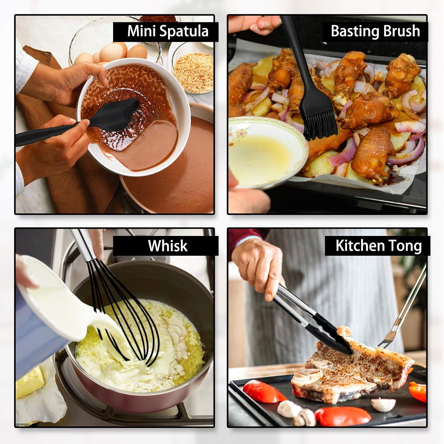 Kitchen Utensil Set,  12 Piece Cooking Utensils, Silicone Kitchen Utensils Set with Holder, Heat Resistant Kitchen Tools Include Spoons Turner Spatula Ladle Tong for Non-Stick Cookware, Black