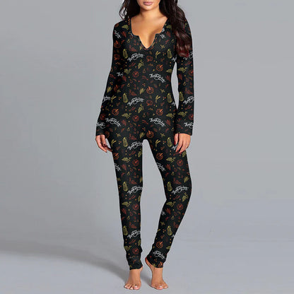 Halloween Printed Jumpsuit Long Sleeve Home Pajamas Casual Trousers Women'S Cos Clothing