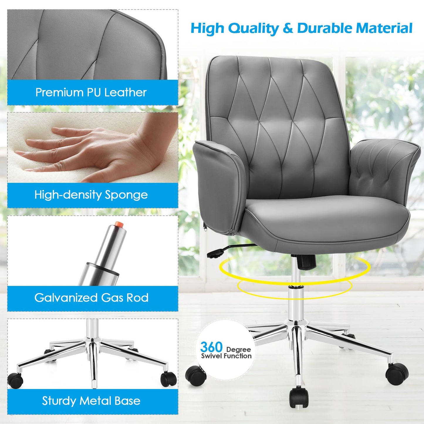 Adjustable PU Leather Executive Office Chair with Swivel and Rocking Capabilities