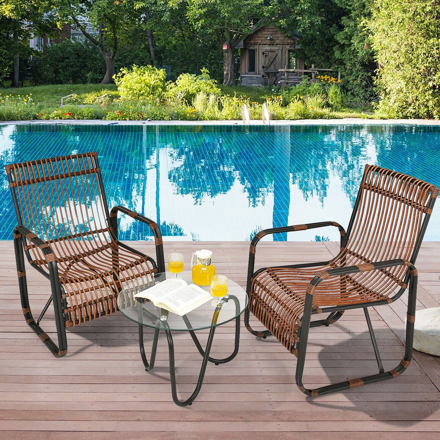 3-Piece Rattan Patio Furniture Set Featuring Two Armchairs and a Glass Coffee Table