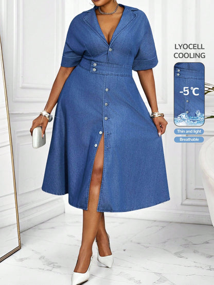 Lady plus Size Women'S Summer Lapel Neck Single-Breasted Short Sleeve Casual Denim Dress Wedding Guest Dress Women Fashionable for Summer Summer Dresses for Women Summer Dress Vacation Outfits Birthday Dresses for Women Business Casual Woman plus Size Jean Dress Denim plus Size Dress Jean Dress plus Size Denim Dress plus Size Curve Denim Dress