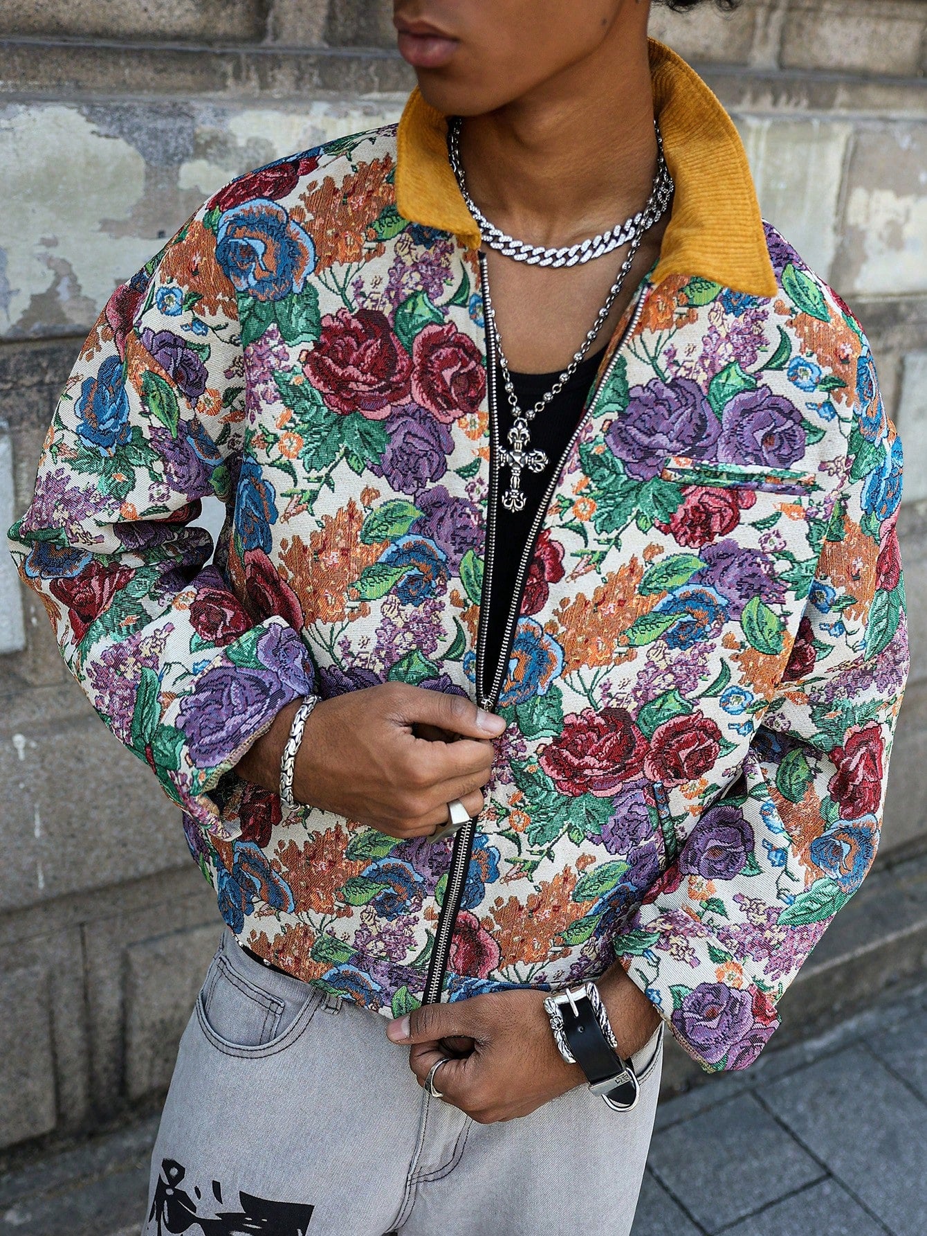 Manfinity Homme Men Hawaiian Print Floral Pattern Jacquard Jacket Summer Outerwear, Street Fashion Colorful Pattern Rave Long Sleeve Jacket, Gift for Friends, Husband, Boyfriend