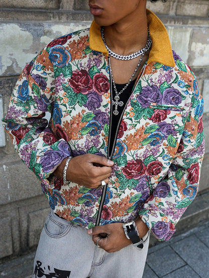 Manfinity Homme Men Hawaiian Print Floral Pattern Jacquard Jacket Summer Outerwear, Street Fashion Colorful Pattern Rave Long Sleeve Jacket, Gift for Friends, Husband, Boyfriend