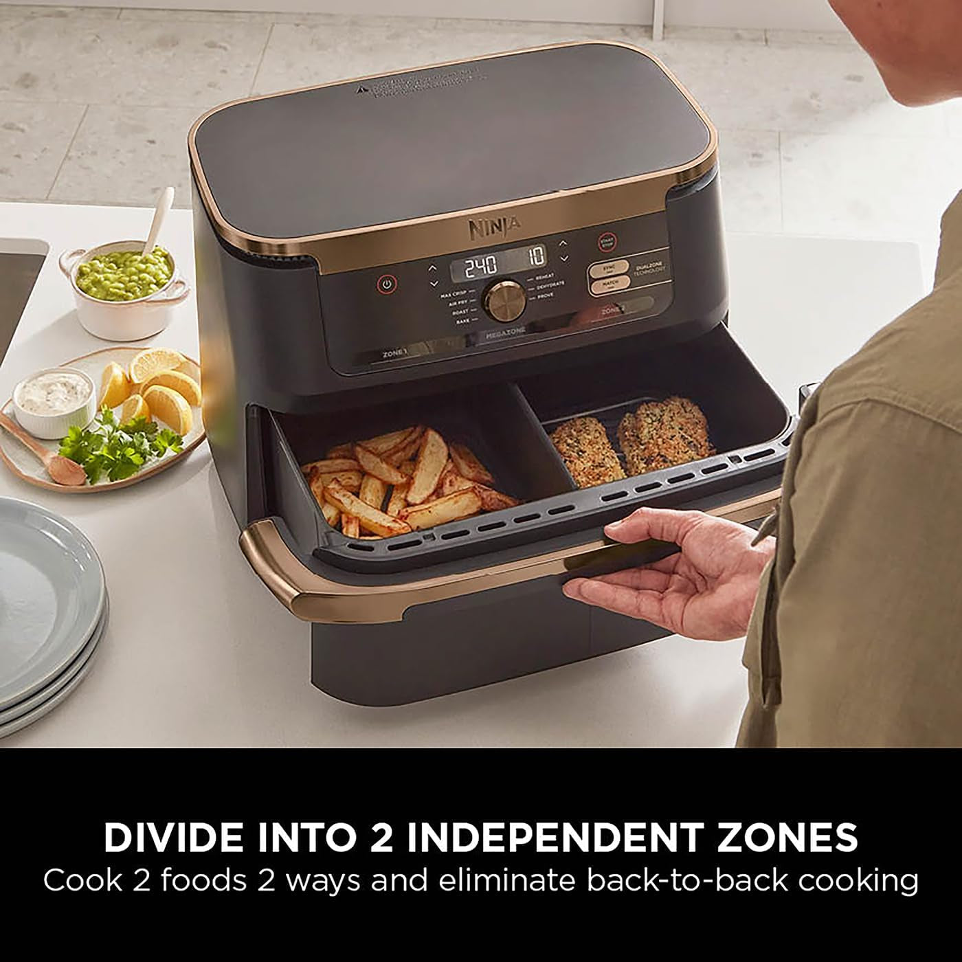 Foodi Flexdrawer Air Fryer, Dual Zone with Removable Divider, Large 10.4L Drawer, 7-In-1, Air-Fryer, Air Fry, Roast, Bake, Crisp, Non-Stick Dishwasher Safe Parts, Black and Copper, AF500UKCP