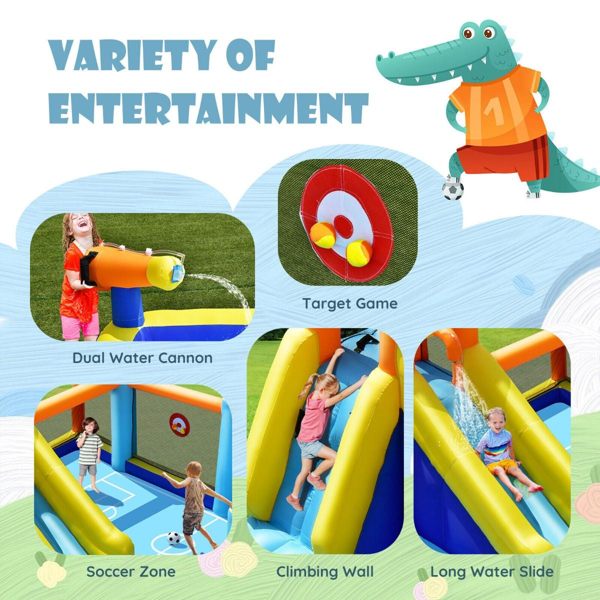 Inflatable Water Bounce House Featuring Slide and Water Cannons