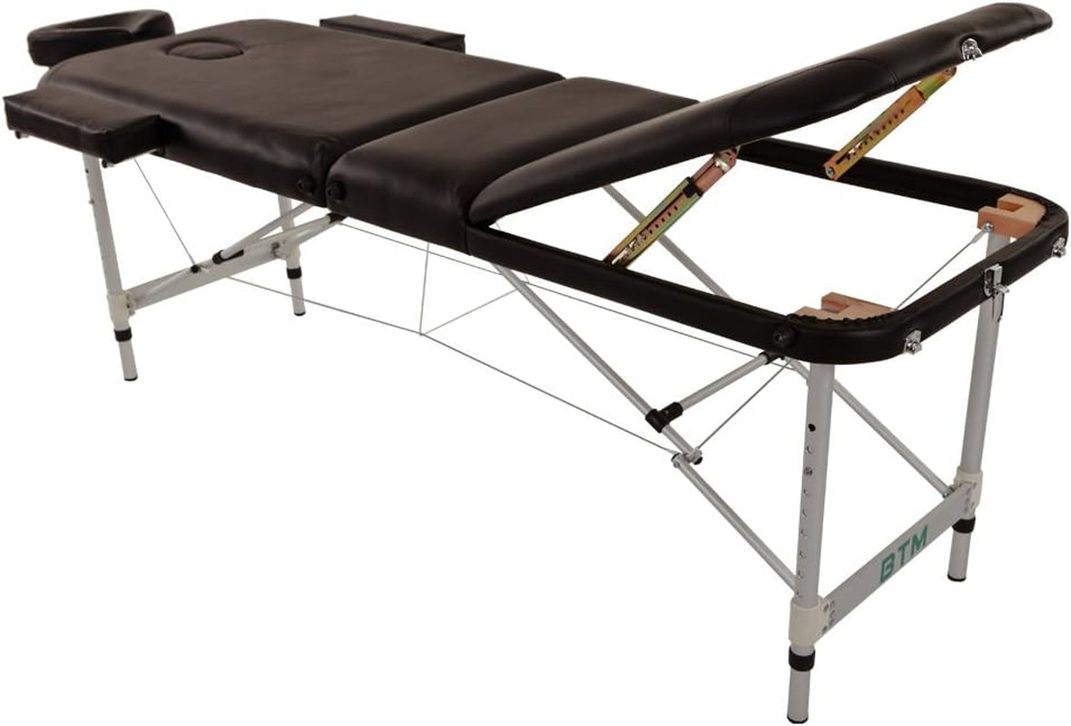 Premium Black Portable 3-Section Massage Table Bed with Aluminum Frame and Premium PU Leather - Perfect for Tattoo, Spa, and Reiki Therapy