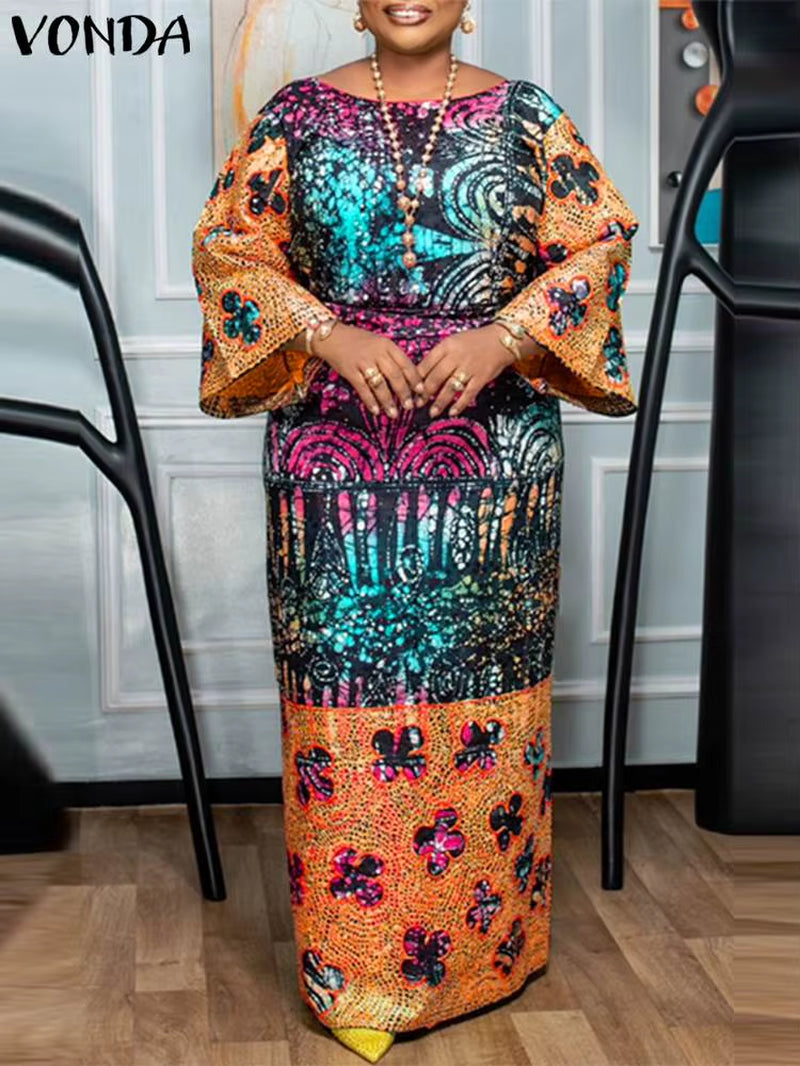 Women Long Maxi Dress Bohemian Printed Vestidos 2024 Vintage Crew Neck Flare Sleeve Party Vestidos Casual Loose Sundress