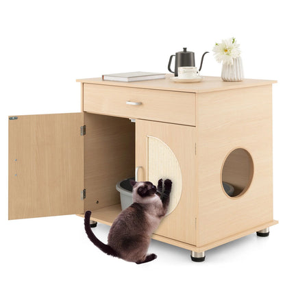 Cat Litter Box Enclosure with Sisal Scratching Doors and Integrated Storage Drawer