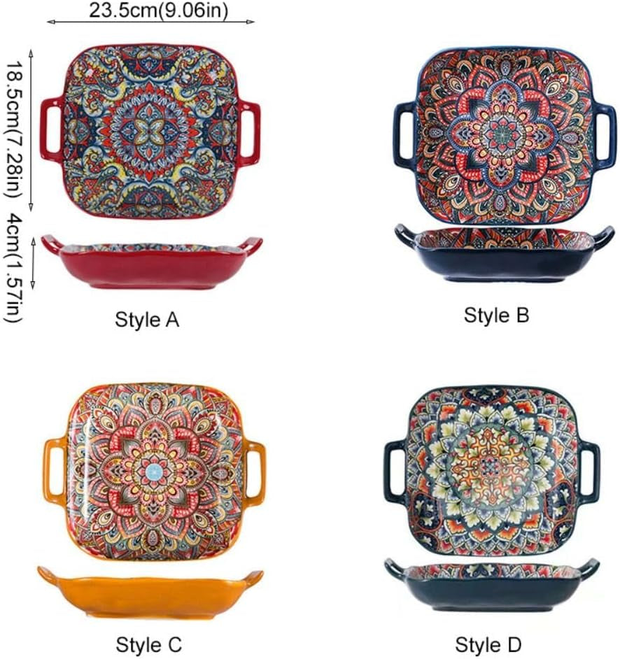 Ceramic Dinner Plate 9" - Porcelain Pasta Bowls,Handled Square Platter for Breakfast, Salads,Fruit,Cereal,Dessert,Bohemian Style(Style D)