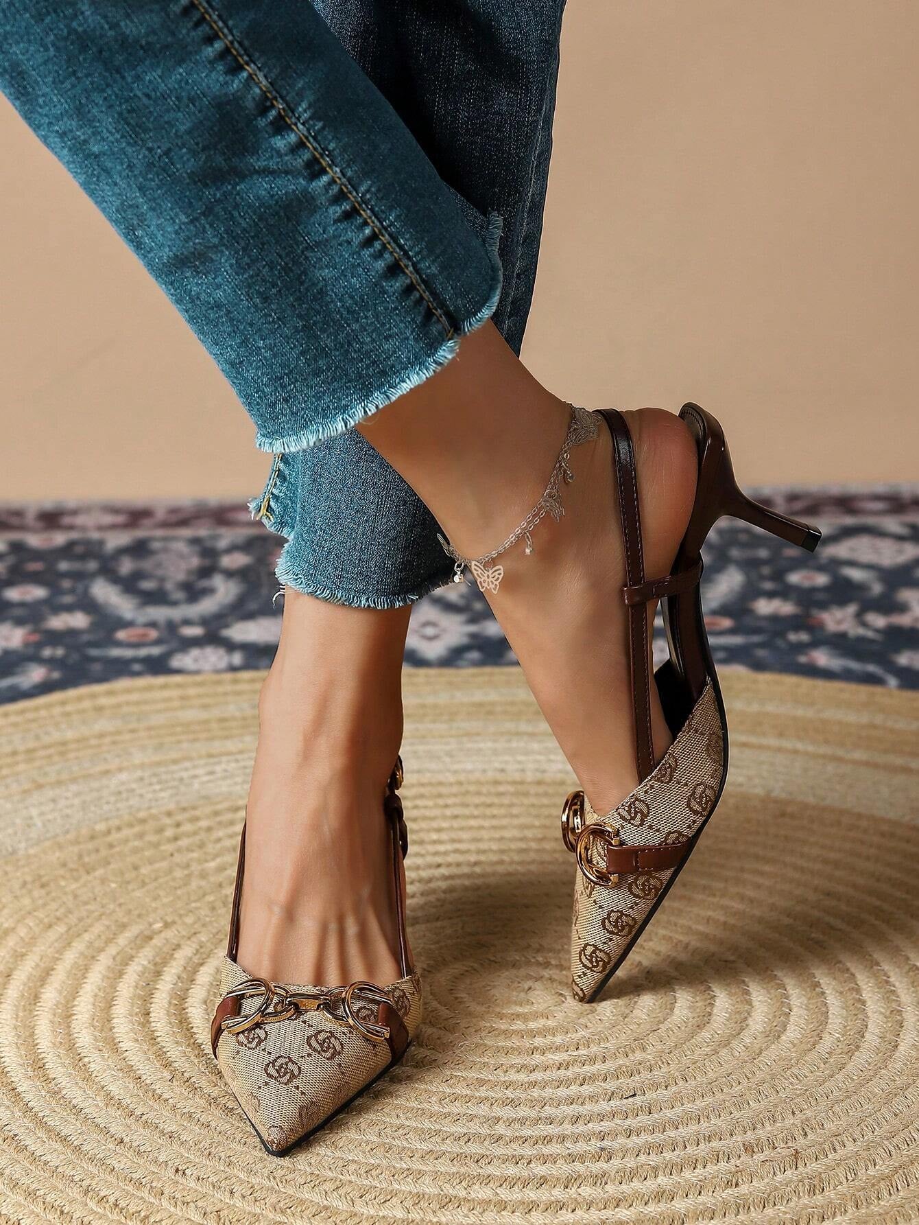 Women'S High Heeled Pointed Toe Shoes with Buckle, Retro Vintage Floral Embroidery and Back Straps