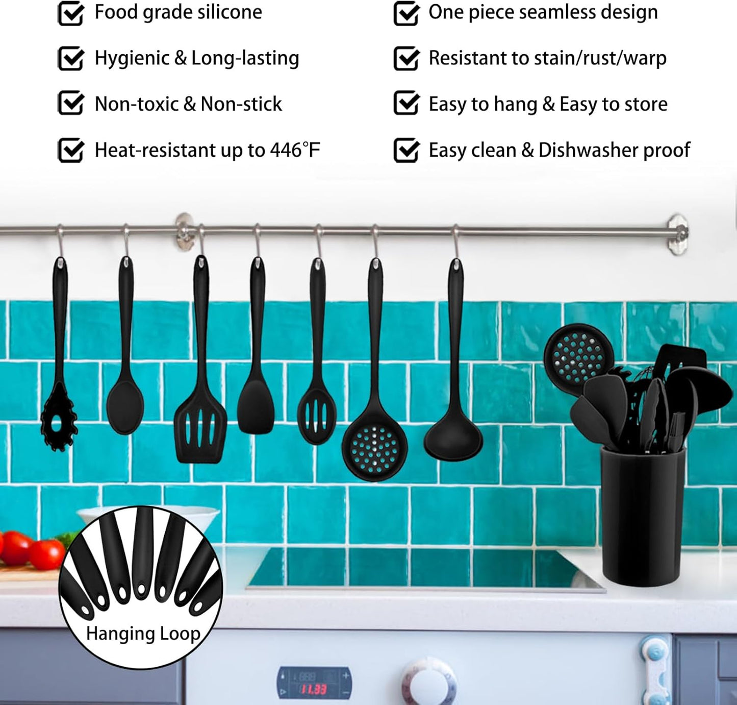 Kitchen Utensil Set,  12 Piece Cooking Utensils, Silicone Kitchen Utensils Set with Holder, Heat Resistant Kitchen Tools Include Spoons Turner Spatula Ladle Tong for Non-Stick Cookware, Black