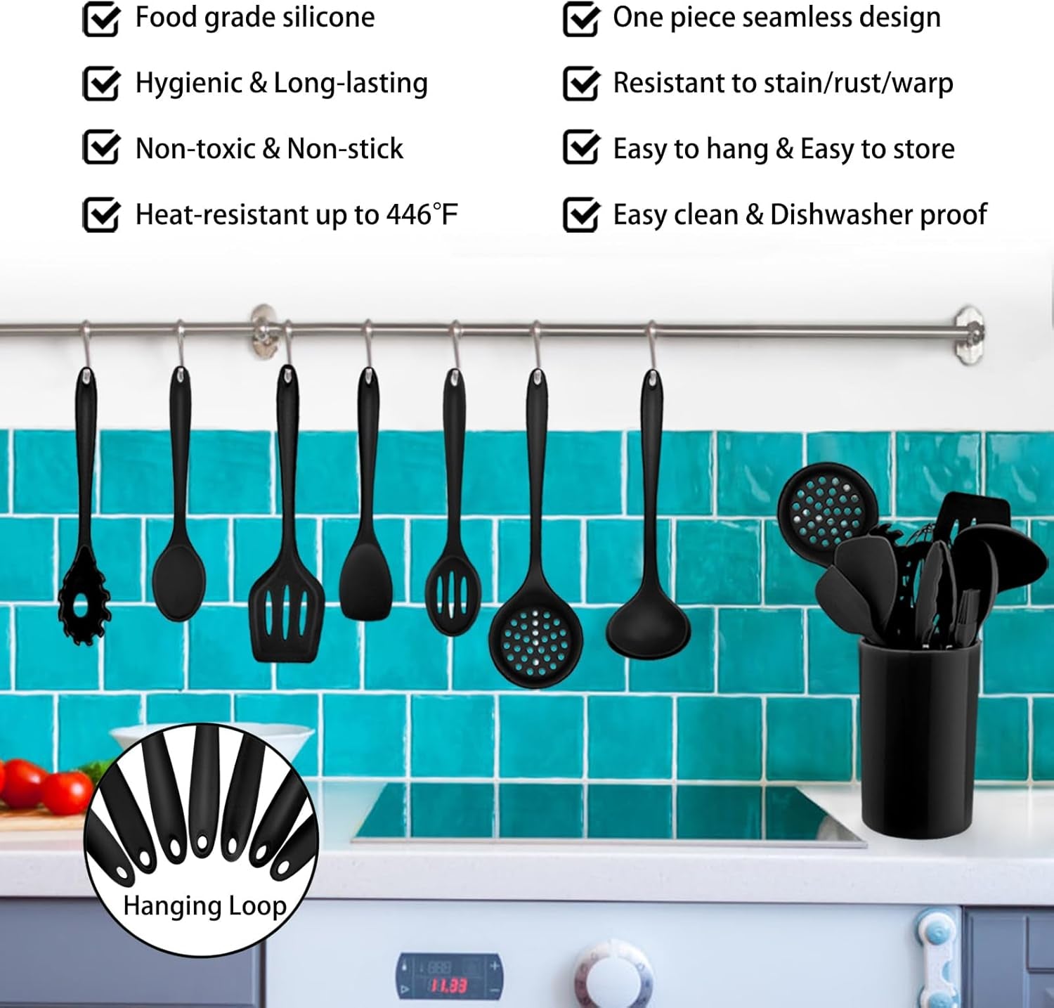 Kitchen Utensil Set,  12 Piece Cooking Utensils, Silicone Kitchen Utensils Set with Holder, Heat Resistant Kitchen Tools Include Spoons Turner Spatula Ladle Tong for Non-Stick Cookware, Black