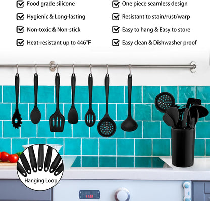 Kitchen Utensil Set,  12 Piece Cooking Utensils, Silicone Kitchen Utensils Set with Holder, Heat Resistant Kitchen Tools Include Spoons Turner Spatula Ladle Tong for Non-Stick Cookware, Black