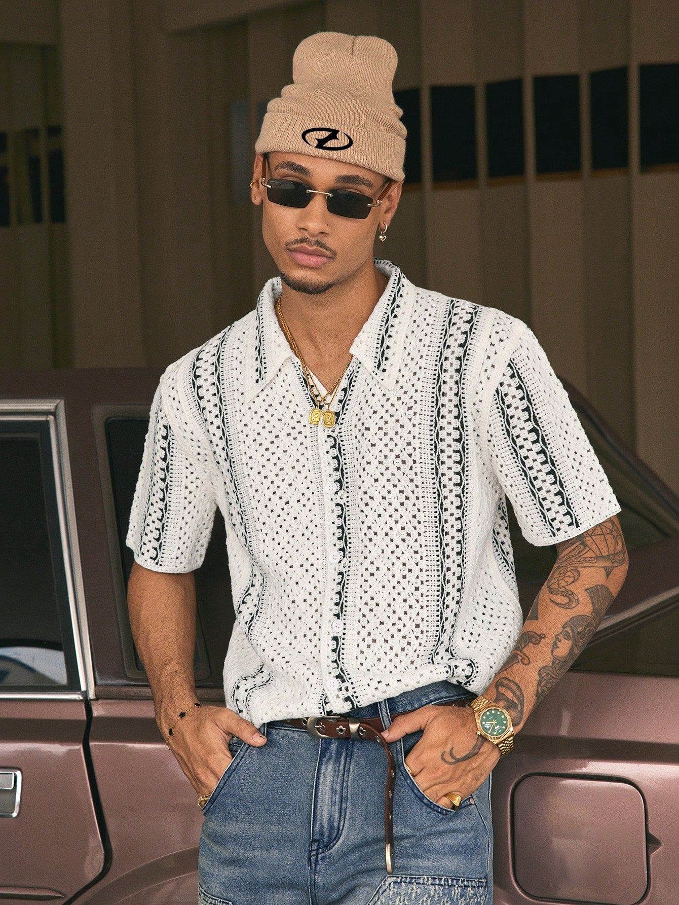 AXEPEAK Multiple Sizes Water-Soluble Floral Print Turndown Collar Loose Fit Men'S Knit Top, Streetwear Influence