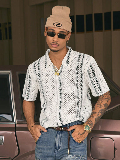 AXEPEAK Multiple Sizes Water-Soluble Floral Print Turndown Collar Loose Fit Men'S Knit Top, Streetwear Influence