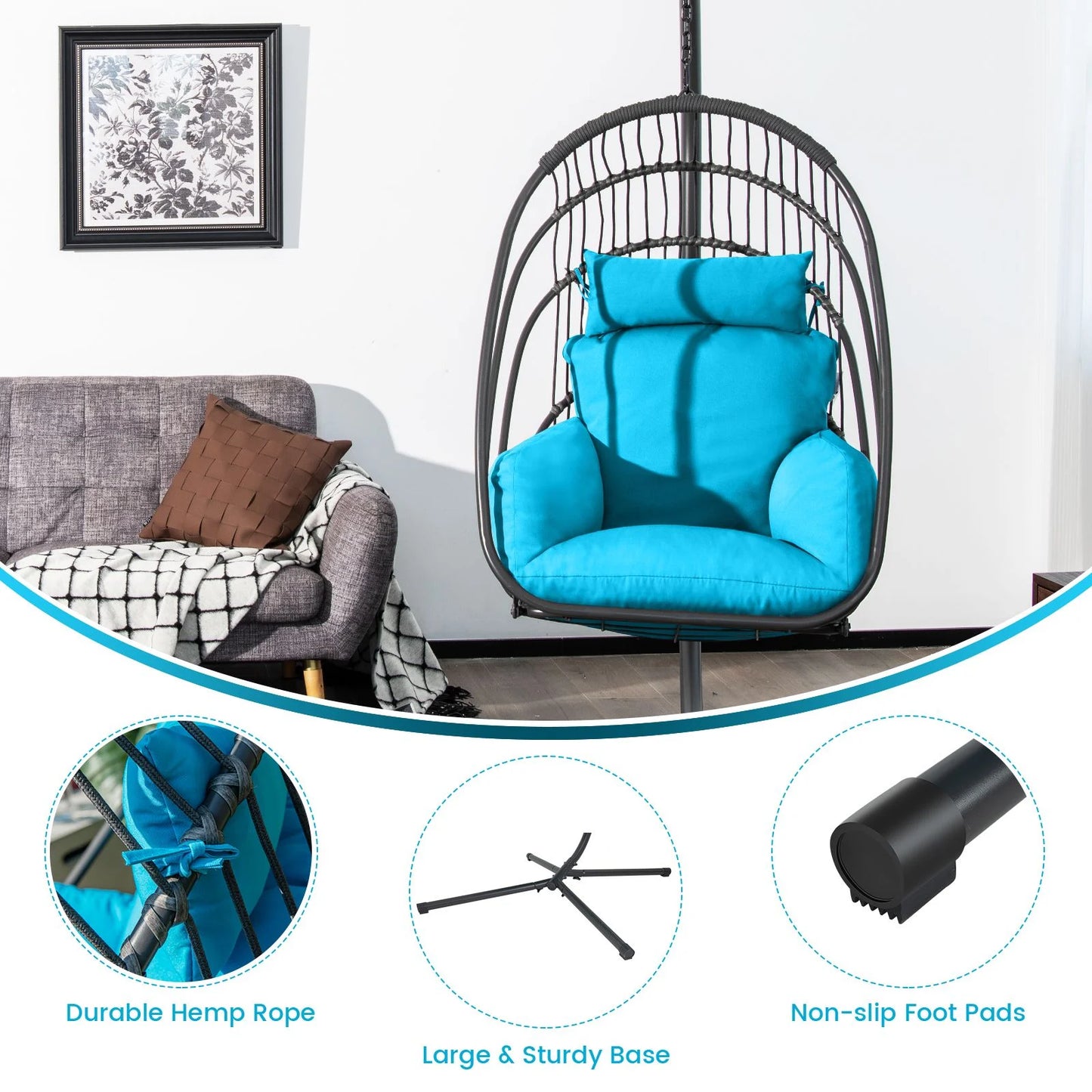 Deluxe Grey and Turquoise Swing Egg Chair with Stand - Comforting Cushions, Pillow, and Foldable Design for Indoor and Outdoor Relaxation