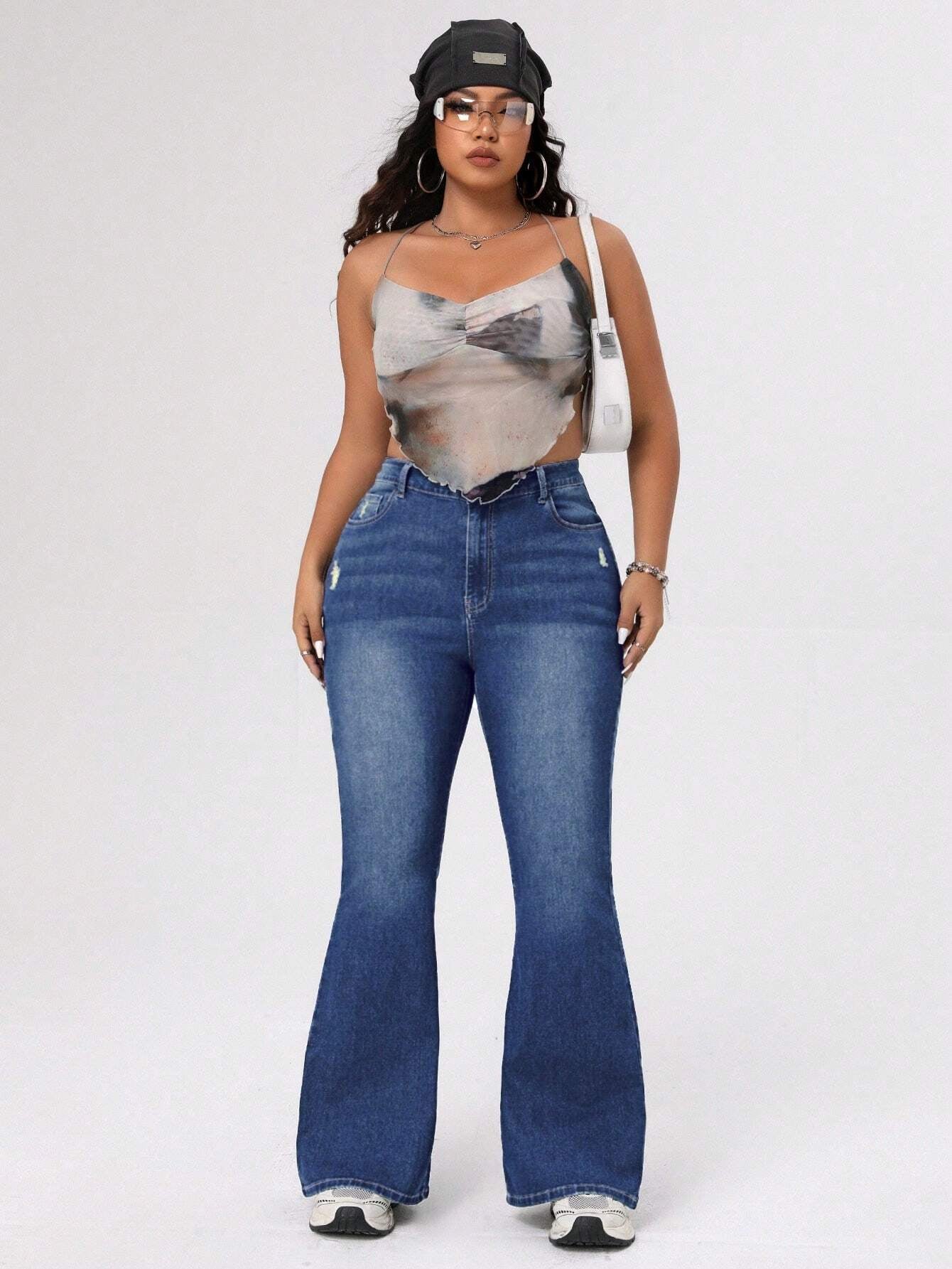 ICON Plus Size Women's Distressed Flared Jeans