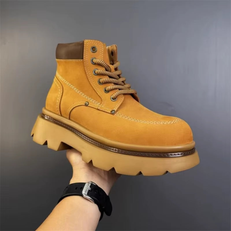 Men'S Genuine Leather Thick Soled Ankle Boots Fashion Waterproof Man Lace up Designer Boot