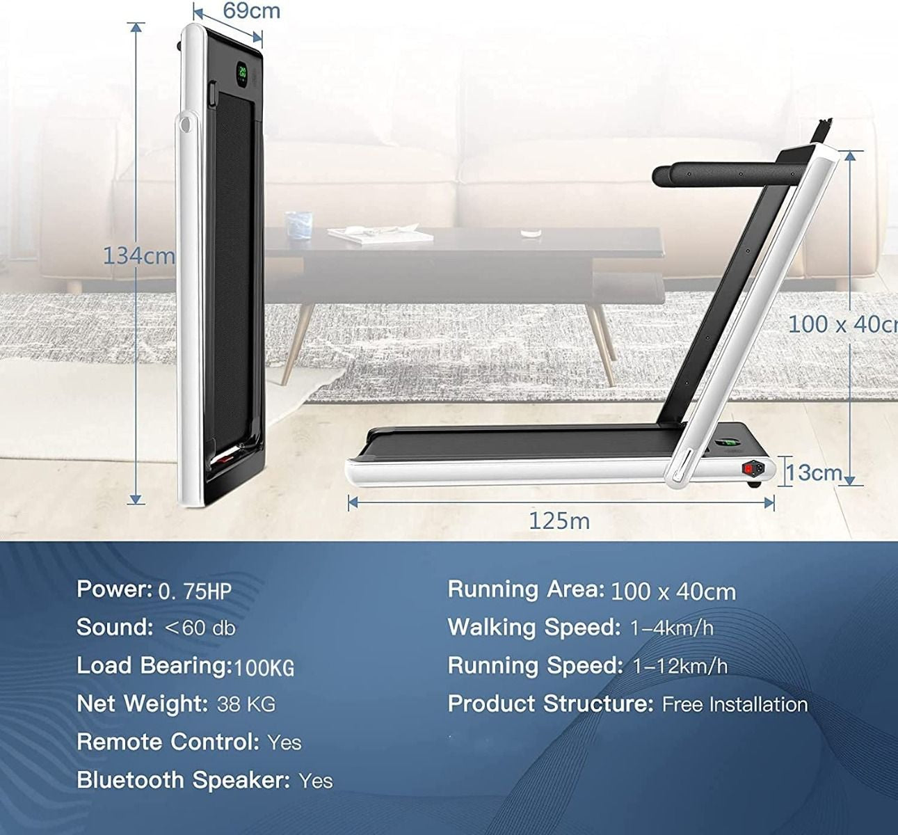 Folding Electric Treadmill with Bluetooth Connectivity (1-12 KPH)